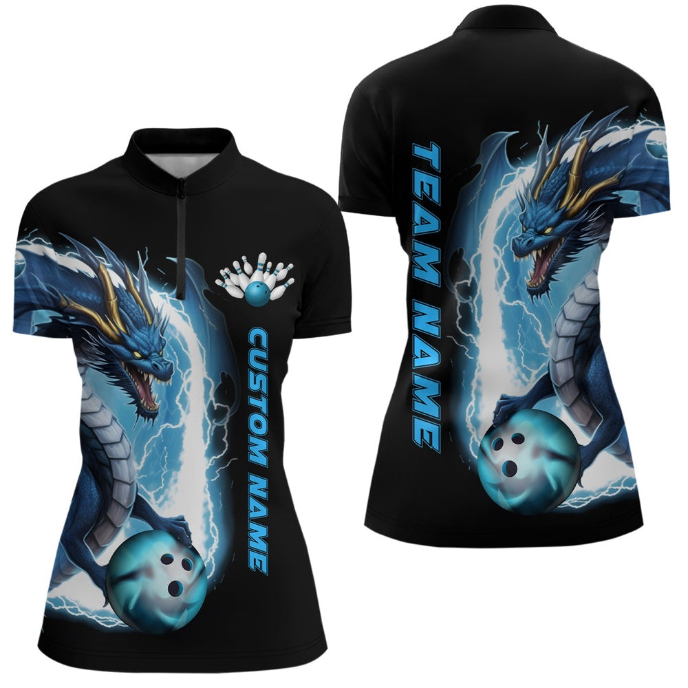 Bowling Shirts Personalized, Blue Thunder Lightning Dragon Bowling Quarter Zip Shirts Women Bowling Team Jerseys 1 Bowling Shirts Personalized