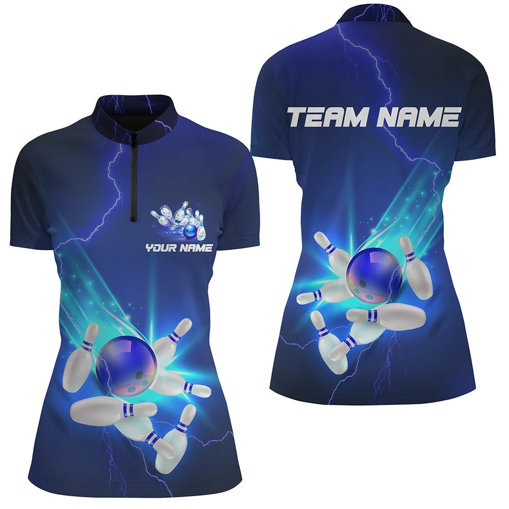 Bowling Shirts Personalized, Blue Thunder Lightning Quarter Zip Bowling Shirts Strike Women Bowling Team Jerseys 1 Bowling Shirts Personalized