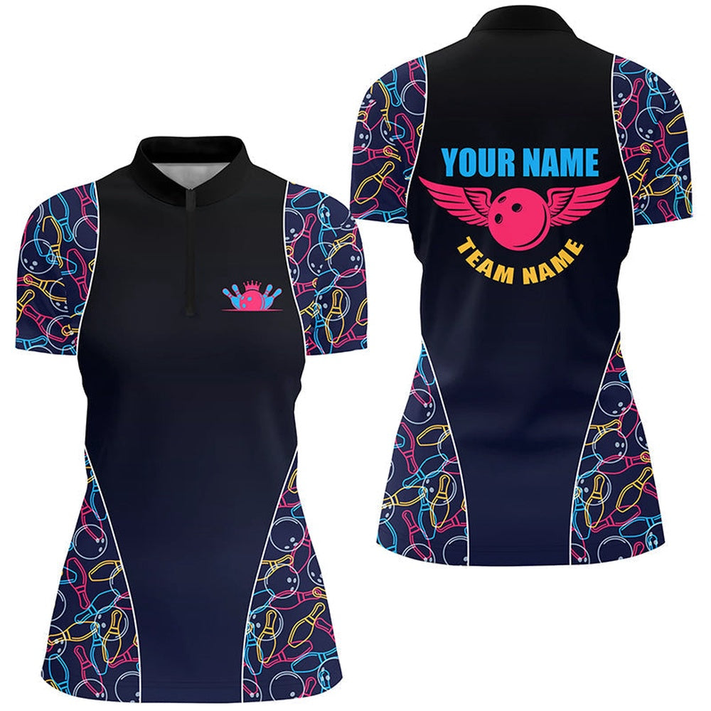 Bowling Shirts Personalized, Bowling Pattern Quarter-Zip Shirts For Women, Bowling Team Jerseys 1 Bowling Shirts Personalized