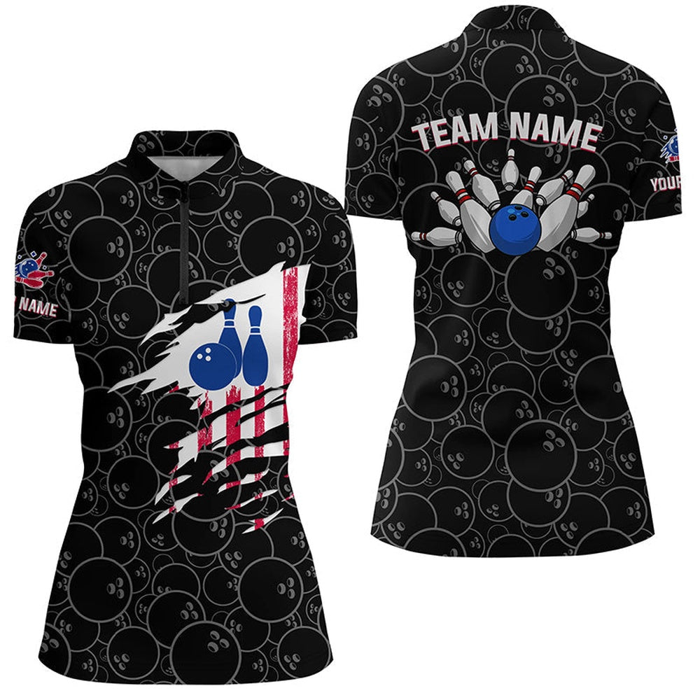Bowling Shirts Personalized, Bowling Quarter-Zip Shirt Women Bowling Jerseys American Flag Black Bowling Team Shirts 1 Bowling Shirts Personalized
