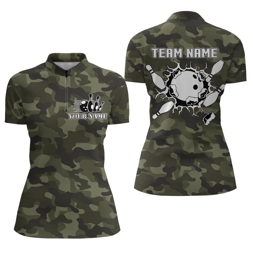 Bowling Shirts Personalized, Bowling Quarter Zip Shirts For Women Bowling Ball And Pins Green Camo Bowling Team Jersey 1 Bowling Shirts Personalized