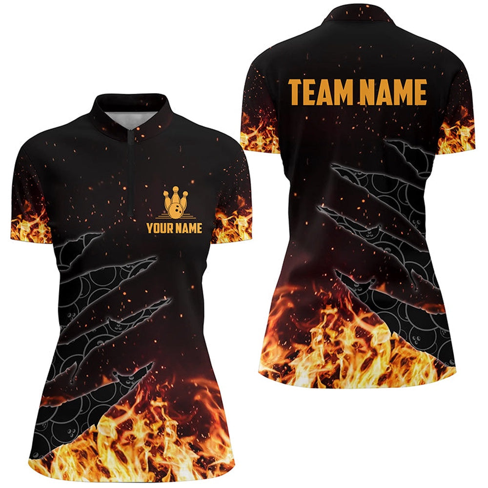 Bowling Shirts Personalized, Bowling Quarter Zip Shirts For Women Flame Camo Bowling Team Jerseys, Gifts For Bowlers 1 Bowling Shirts Personalized