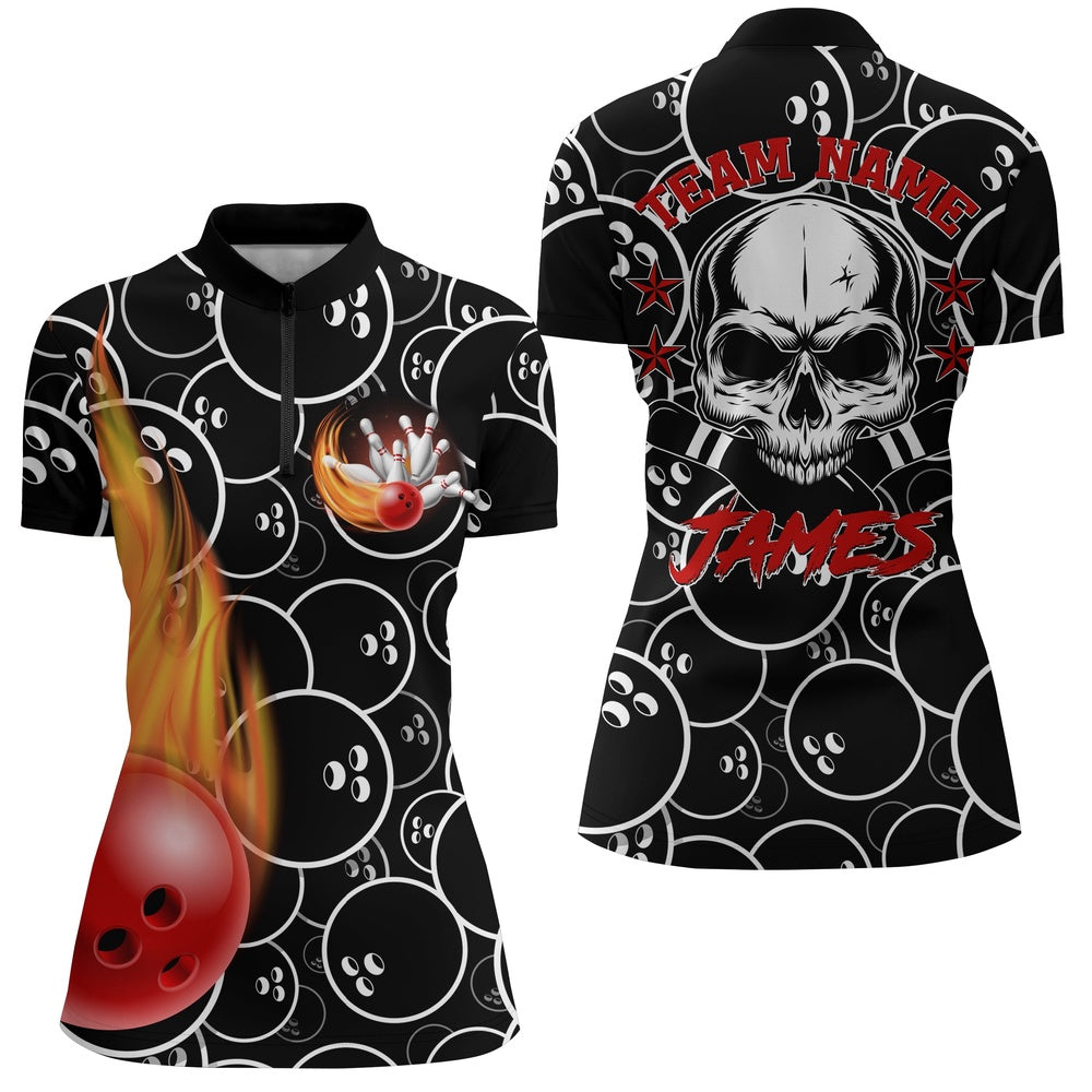 Bowling Shirts Personalized, Flame Bowling Shirt For Women, Quarter-Zip Bowling Shirt With Name, Skull Black Bowling Jers 1 Bowling Shirts Personalized