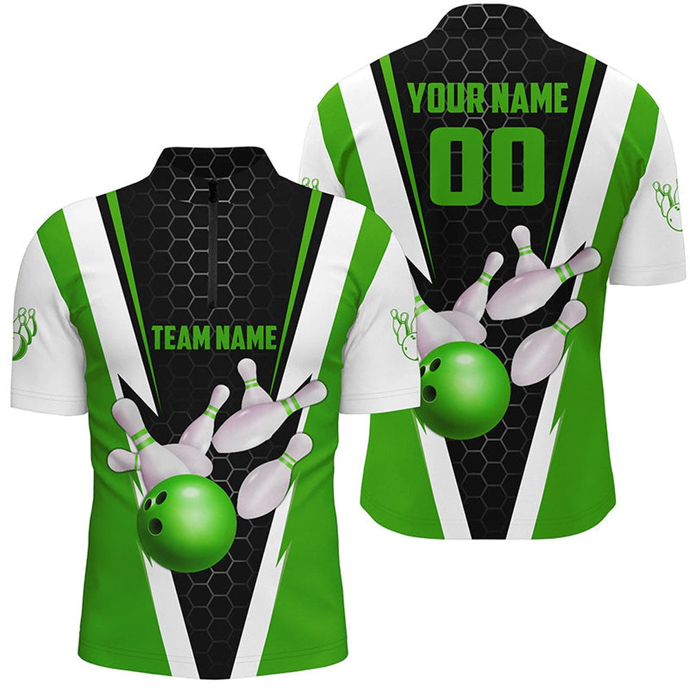 Vintage Bowling Shirts, Custom Green Strike Bowling Quarter Zip Shirts For Men, Bowling Team Jerseys With Name And Number 1 Vintage Bowling Shirts