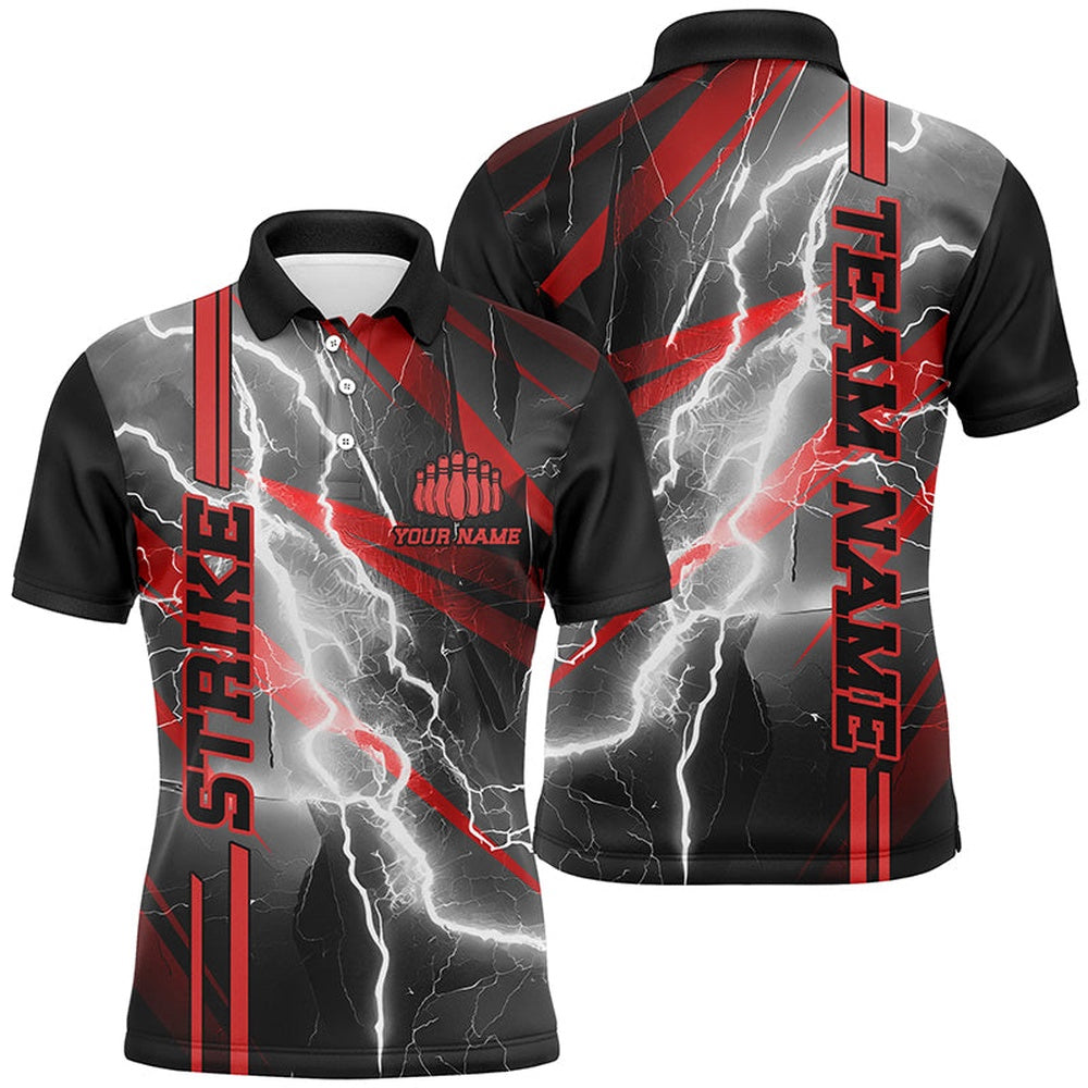 Vintage Bowling Shirts, Custom Unisex Red Strike Bowling Polo Quarter-Zip Shirts, Thunder Lightning Bowling Team Jersey 1 Vintage Bowling Shirts