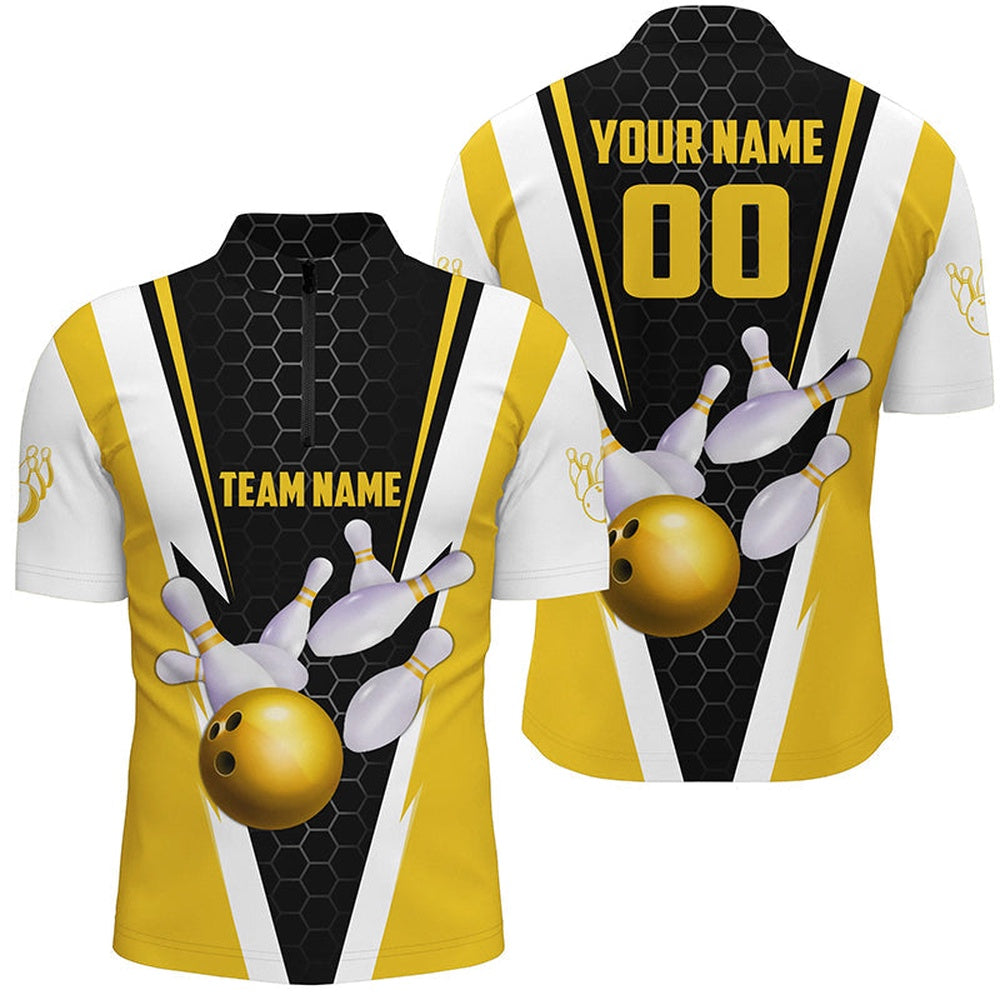 Vintage Bowling Shirts, Custom Yellow Strike Bowling Quarter Zip Shirts For Men, Bowling Team Jerseys Name And Number 1 Vintage Bowling Shirts