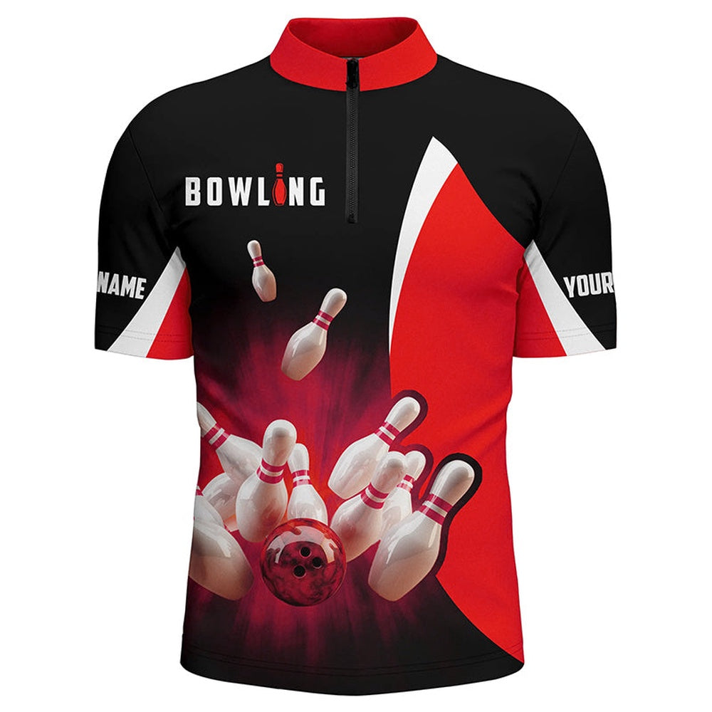 Vintage Bowling Shirts, Custom Bowling Shirts Retro Black And Red Bowling Quarter Zip Shirts For Men, Bowling Team Jersey 1 Vintage Bowling Shirts