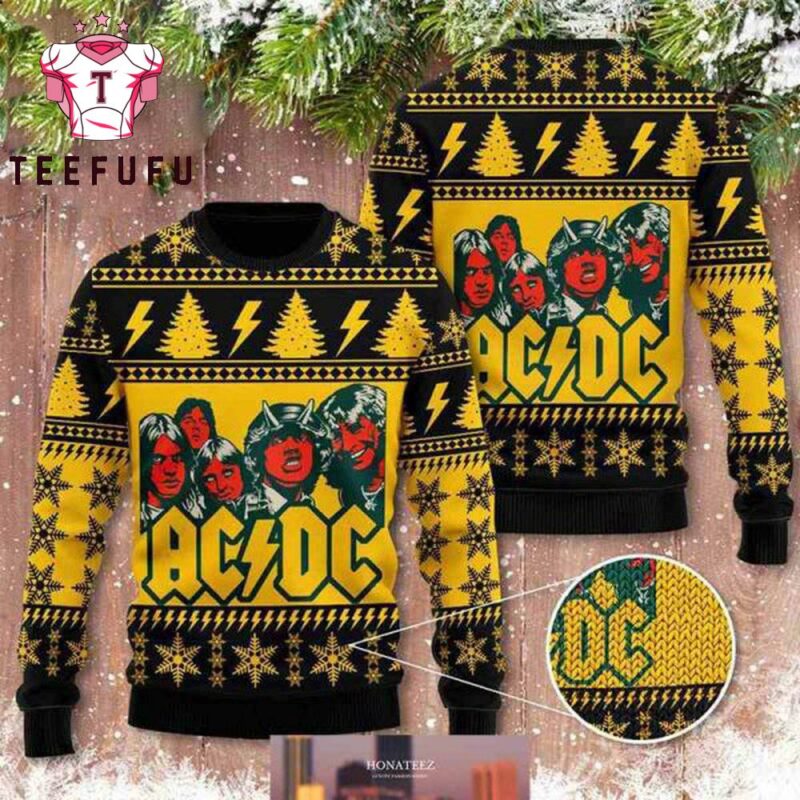 ACDC With Band Member Yellow And Black Color 2025 Ugly Christmas Sweater
