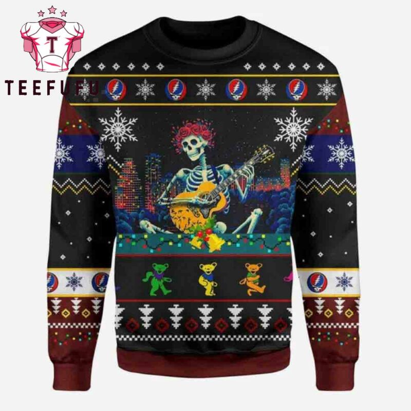 Grateful Dead Skull Skeleton Play Guitar Ugly Christmas 3D Printed Sweater