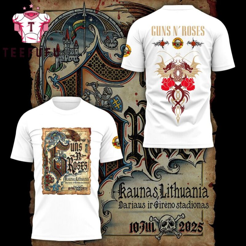 Guns N' Roses In Kaunas Lithuania July 2025 Dariaus Ir Gireno Stadionas White 3D Shirt