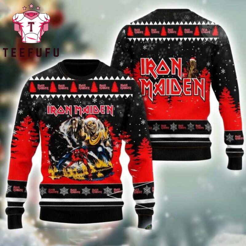 Iron Maiden With Santa Hat Snowy Night Pattern Knitted Ugly Christmas Sweater