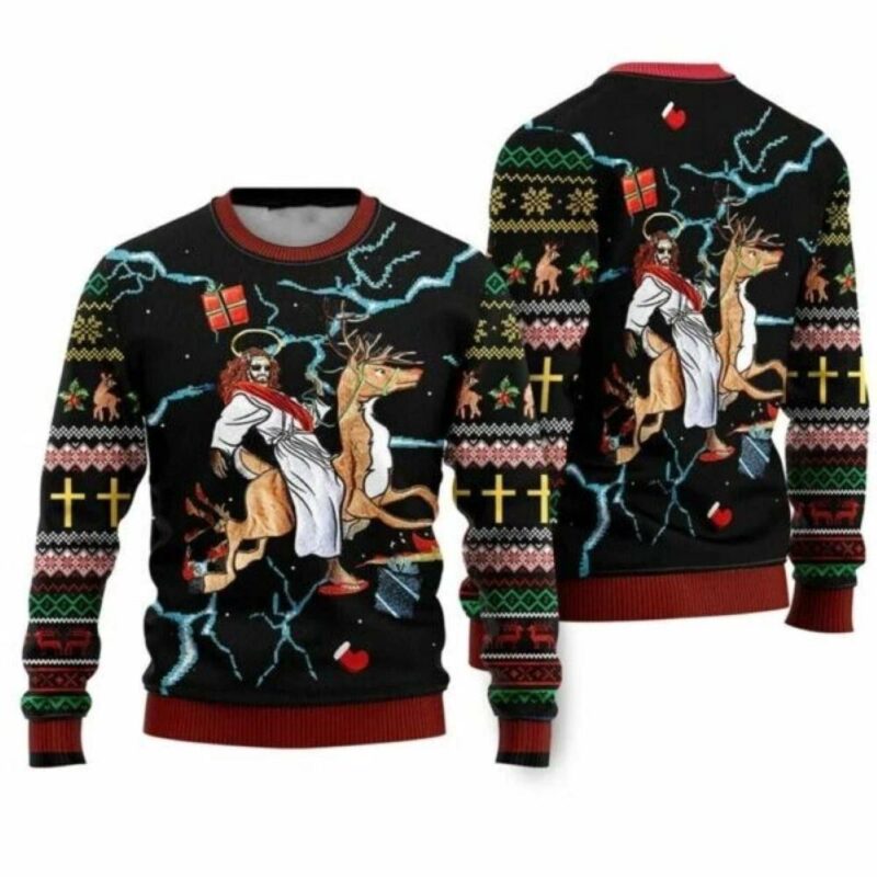 Jesus Riding Reindeer Black Ugly Christmas Sweater For Men Women Christian Sweater God Gift Gift For Christian Jesus Winter Fashion 3048