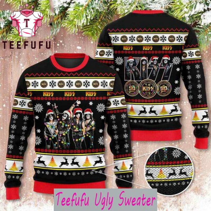 Merry Kissmas For Kiss Band Lovers With Black Reindeer Pattern 2025 Ugly Christmas Sweater