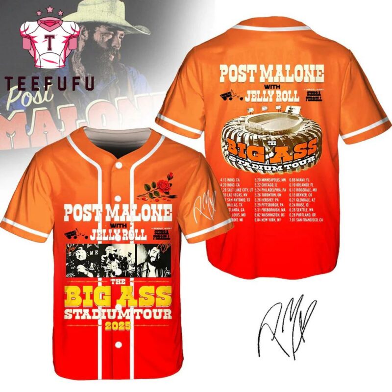 Post Malone With Jelly Roll Big Ass Stadium Tour 2025 Baseball Jersey