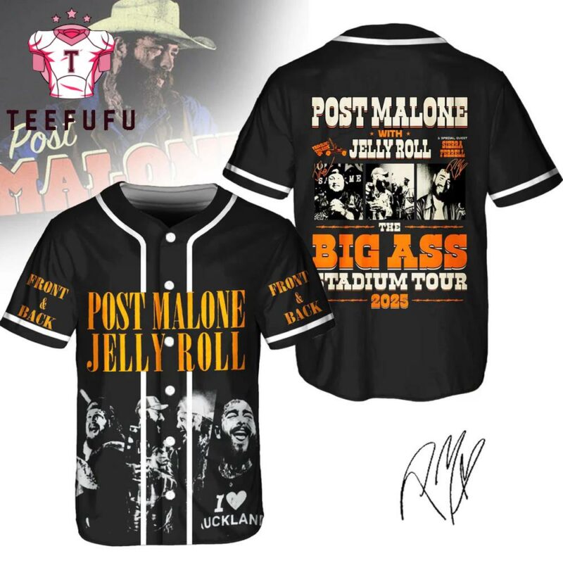 Post Malone With Jelly Roll Big Ass Stadium Tour 2025 Black Baseball Jersey