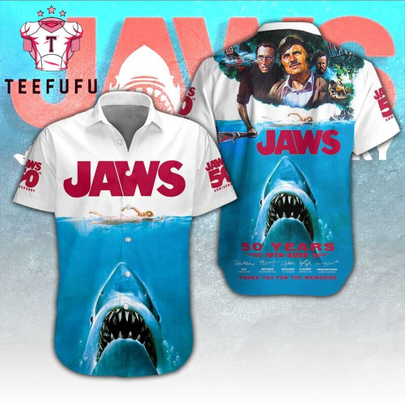 Retro Shark Attack Jaws Hawaiian Button-Up Vacation Shirt