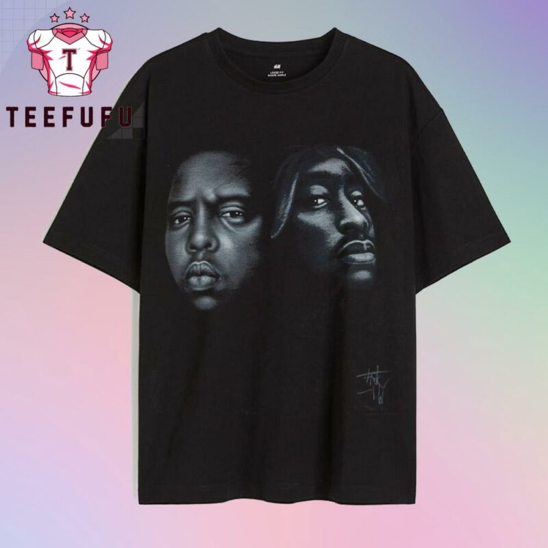 Tupac Shakur Biggie Smalls Black Y2K Sketch Drawing Style Hip Hop Rap Tee