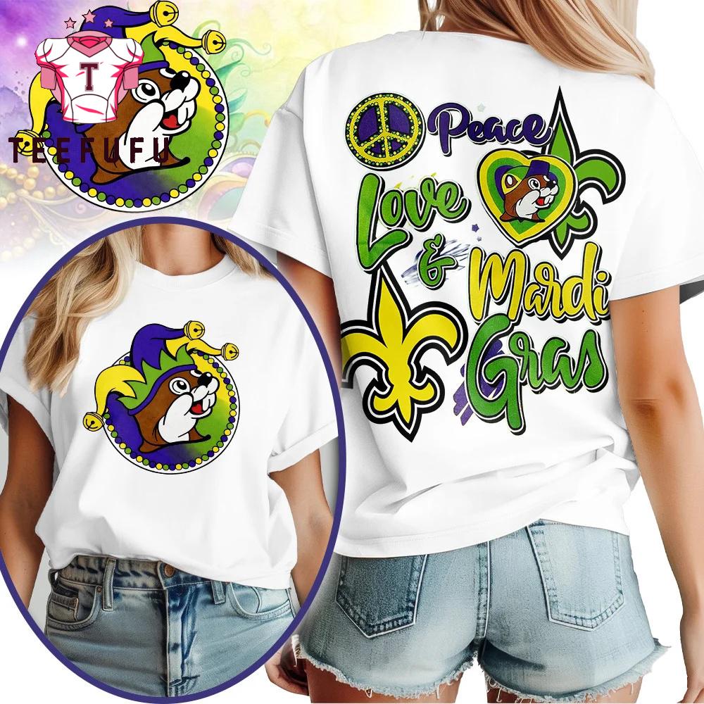Buc-ee’s 2026 Peace Love And Mardi Gras White T Shirt