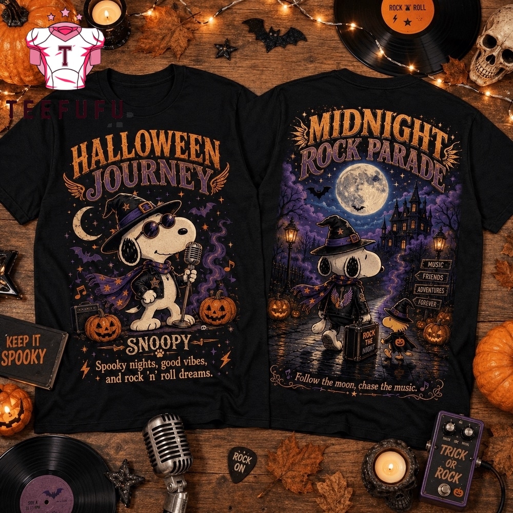 Snoopy Halloween Journey Midnight Rock Parade 3D Shirt , Music Trend Shirt Snoopy Halloween Journey Midnight Rock Parade 3D Shirt