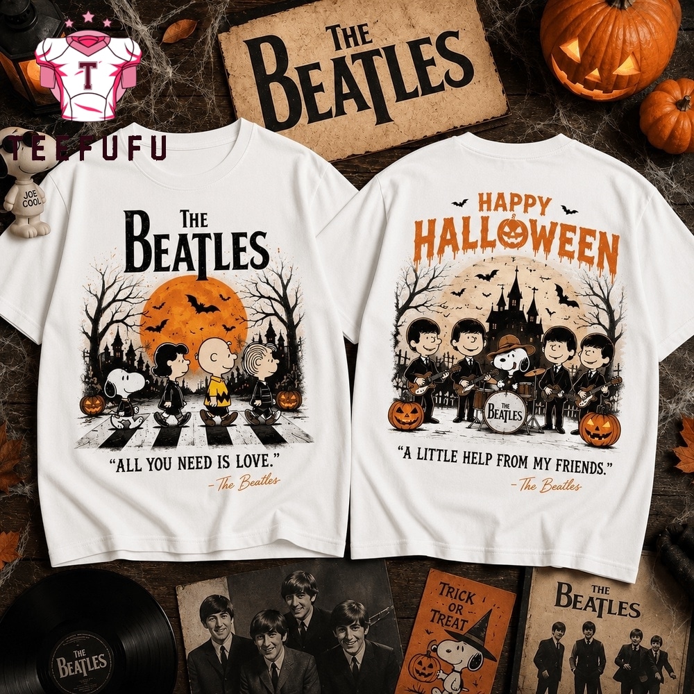 The Beatles x Snoopy Peanuts Happy Halloween All You Need Is Love 3D Shirt , Music Trend Shirt The Beatles X Snoopy Peanuts Happy Halloween All You Need IS Love 3D Shirt