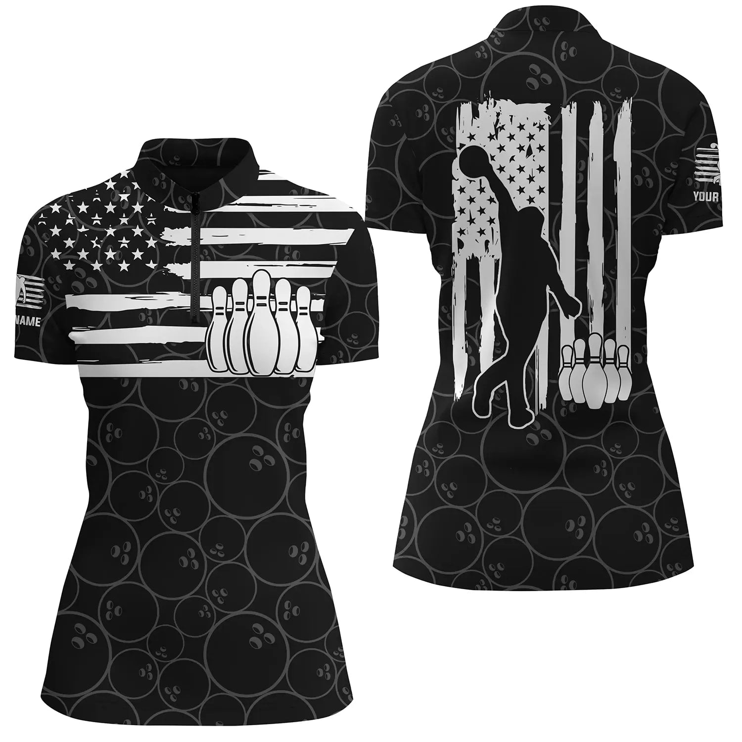 American Flag Black Bowling Pattern Custom Bowling Quarter Zip Shirt For Women, Team Bowling Jerseys, Custom Bowling Shirts