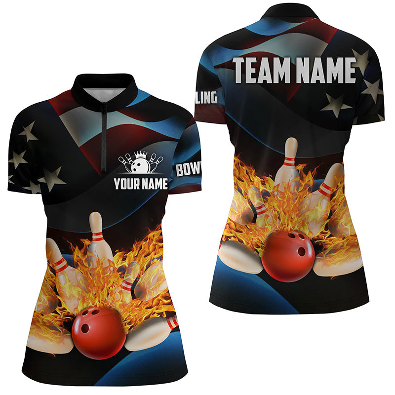 American Flag Black Flame Bowling Quarter Zip Shirts For Women Custom Patriotic Bowling League Jerseys, Custom Bowling Shirts