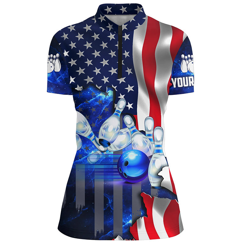 American Flag Blue Galaxy Custom Bowling Quarter Zip Shirts For Women Patriotic Team League Jerseys, Custom Bowling Shirts