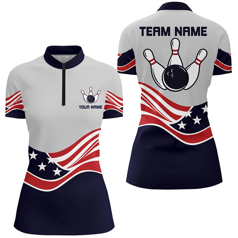 American Flag Bowling Jersey For Women Custom Quarter-Zip Bowling Shirt Patriotic Shirt For Team, Custom Bowling Shirts, Bowling Gift Ideas
