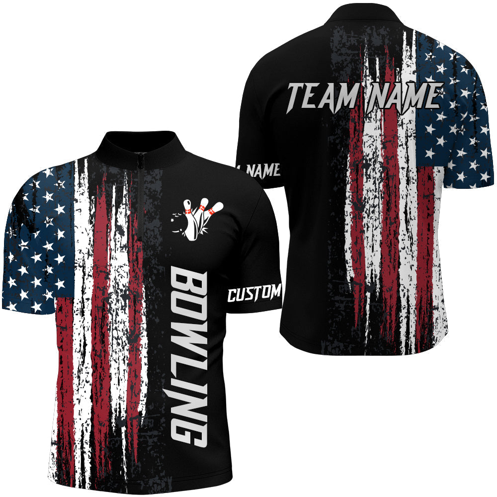 American Flag Bowling Shirt For Men Custom Bowling Jersey For Team Patriots Bowlers Quarter Zip, Custom Team Bowling Jerseys, Bowling Shirts