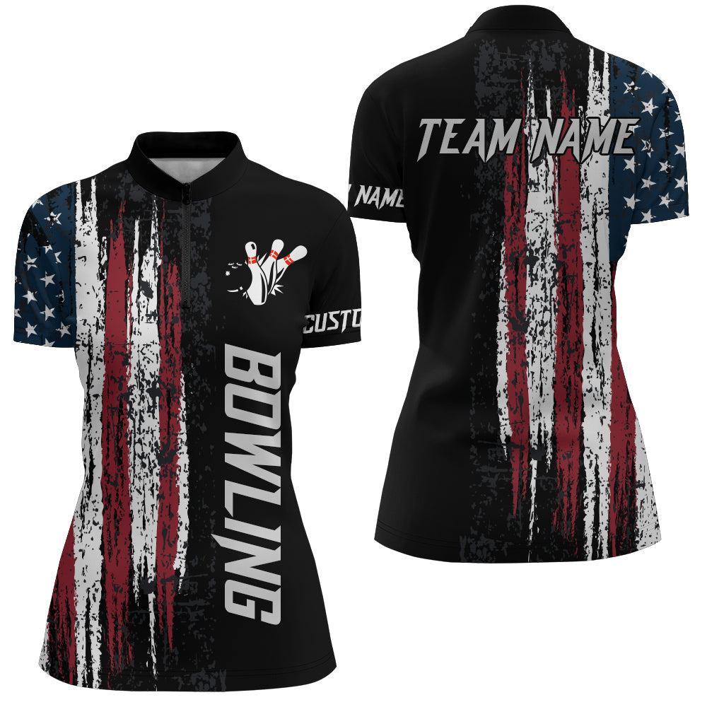 American Flag Bowling Shirt For Women Custom Bowling Jersey For Team Patriots Ladies Quarter Zip Jersey Custom Bowling Shirts 1 K3s221 American Flag Bowling Shirt For Women Custom Bowling Jersey For Team Patriots Ladies Quarter-Zip Jersey, Custom Bowling Shirts