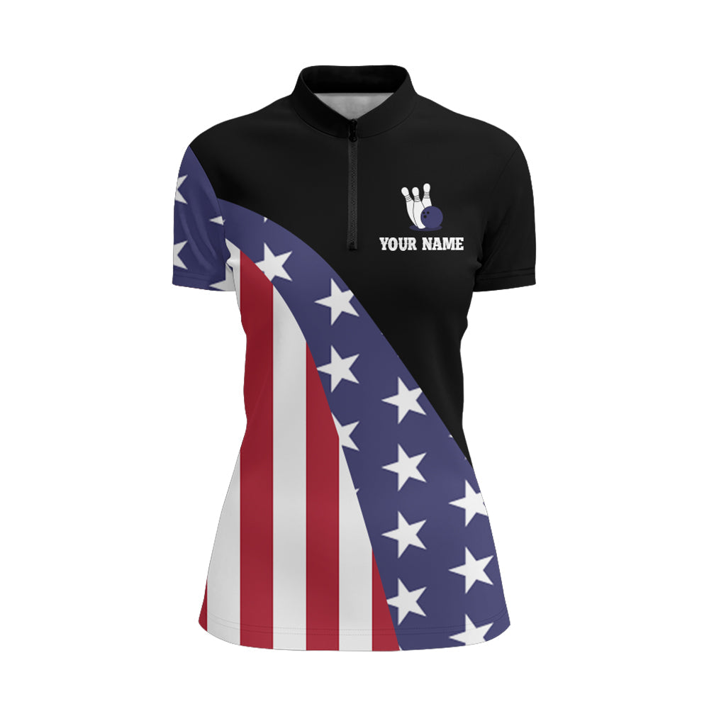 American Flag Bowling Shirt For Women Custom Bowling Jersey Funny Patriot Ladies League Quarter-Zip Jersey, Custom Bowling Shirts