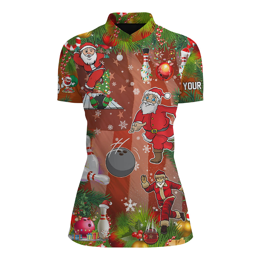 American Flag Santa Christmas Bowling Shirts For Women Team League Jersey Custom Quarter Zip Shirt, Custom Bowling Shirts, Bowling Gift Ideas