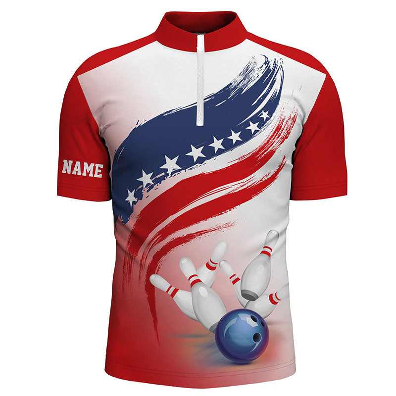 American flag Bowling ball and pins Men Quarter Zip Bowling Shirt Custom Bowling Team Jerseys, Custom Team Bowling Jerseys, Bowling Shirts