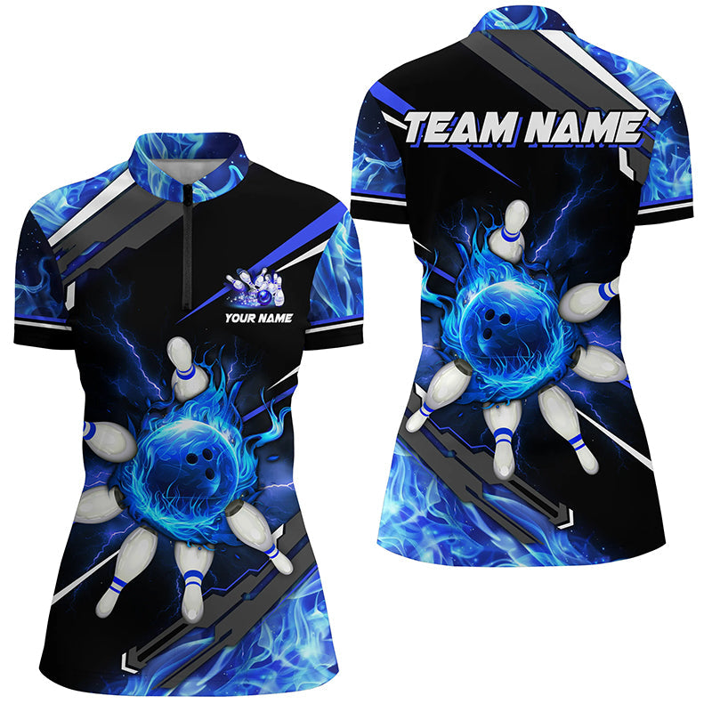 Black And Blue Flame Bowling Ball Pins Women Quarter Zip Shirts Custom Team Bowling Jerseys, Custom Bowling Shirts, Bowling Gift Ideas