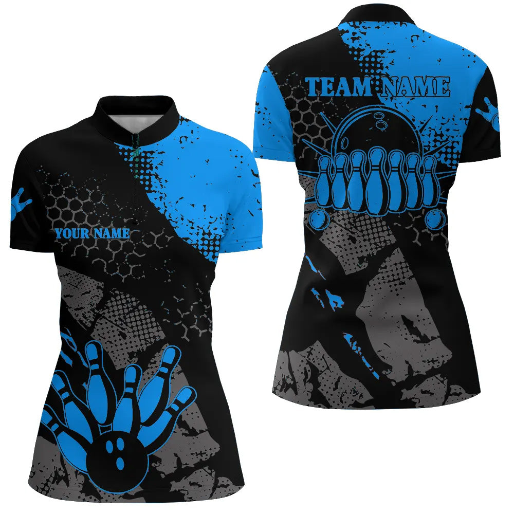 Black And Blue Womens Bowling Quarter Zip Shirt Custom Retro Bowling Ball Pins Bowling Team Jerseys, Custom Bowling Shirts