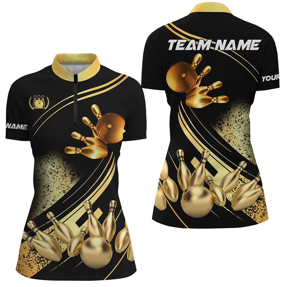 Black And Gold Womens Quarter Zip Shirts Custom Bowling Apparel Team Bowling Jerseys, Bowling Gifts, Custom Bowling Shirts
