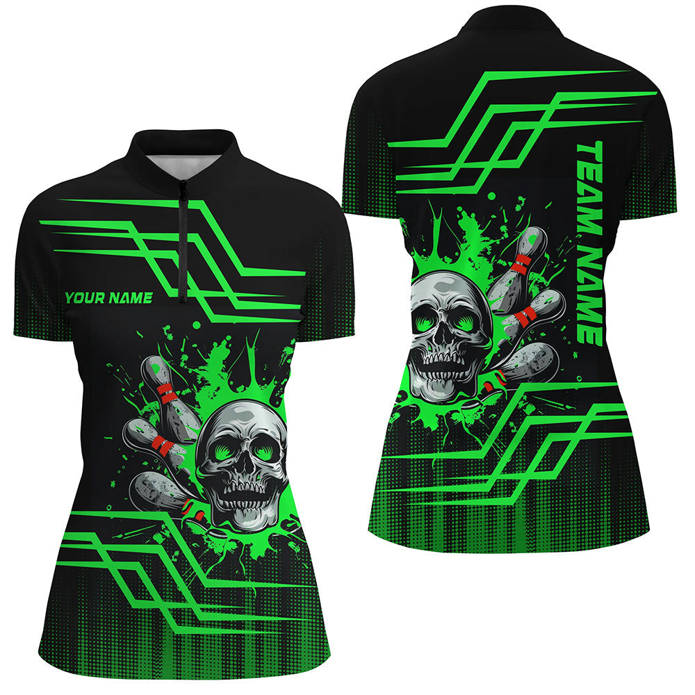 Black And Green Bowling Skull Quarter Zip Shirts For Women Custom Team Bowling Jerseys, Custom Bowling Shirts, Bowling Gift Ideas