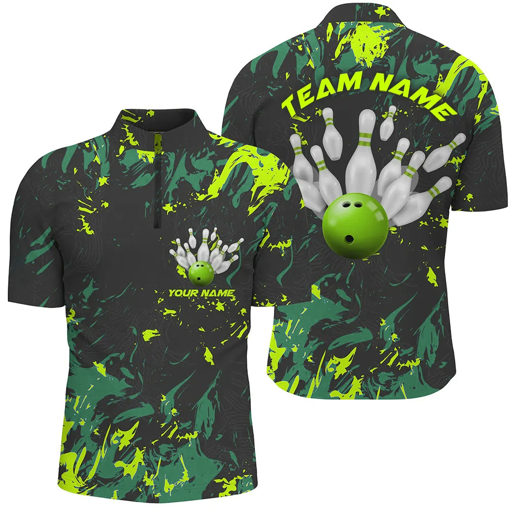 Black And Green Camo Bowling Team Shirts Custom Men Quarter Zip Shirts Bowling League Shirt, Custom Team Bowling Jerseys, Bowling Shirts