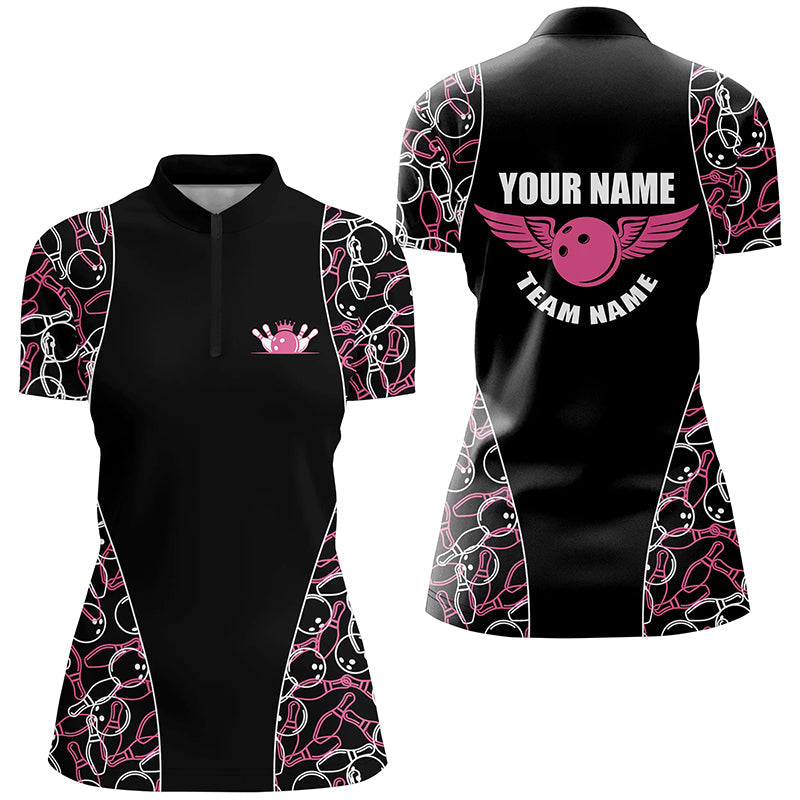 Black And Pink Bowling Pattern Quarter Zip Shirts For Women, Personalized Bowling Team Jerseys, Custom Bowling Shirts, Bowling Gift Ideas