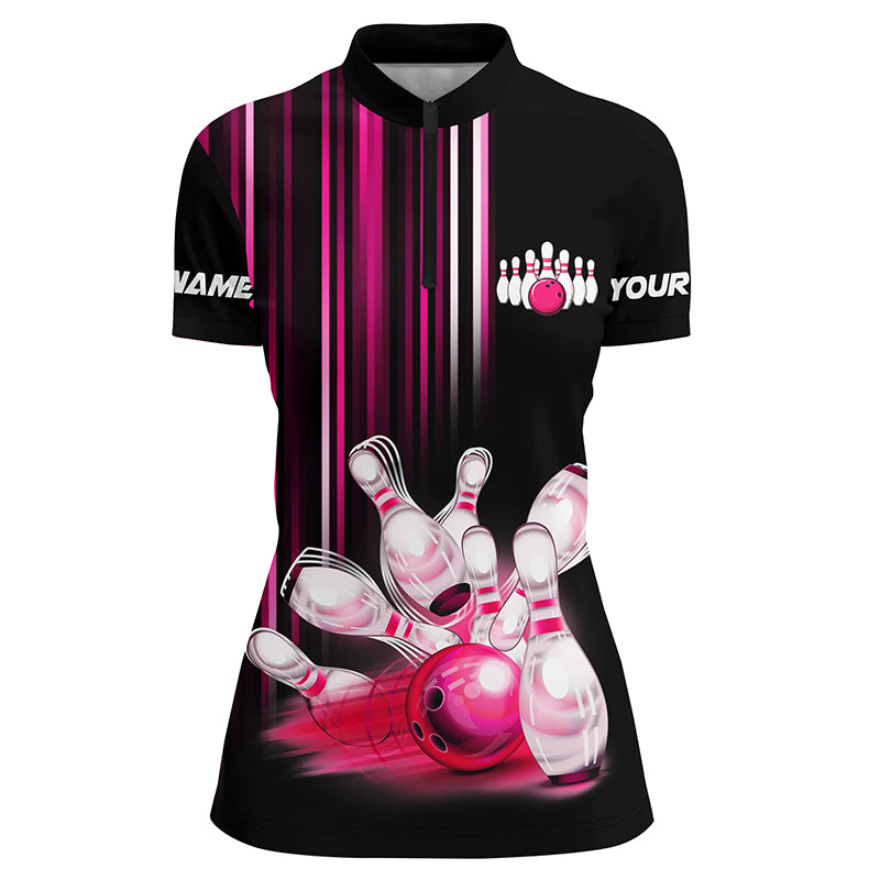 Black And Pink Light Women Bowling Quarter Zip Shirt Custom Bowling Ball And Pins Team Jerseys, Custom Bowling Shirts, Bowling Gift Ideas