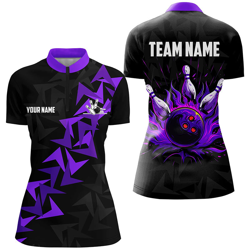 Black And Purple Flame Camo Bowling Quarter Zip Shirts For Women Custom Bowling Team Jerseys Custom Bowling Shirts Bowling Gift Ideas 1 Osn1ur Black And Purple Flame Camo Bowling Quarter Zip Shirts For Women Custom Bowling Team Jerseys, Custom Bowling Shirts, Bowling Gift Ideas