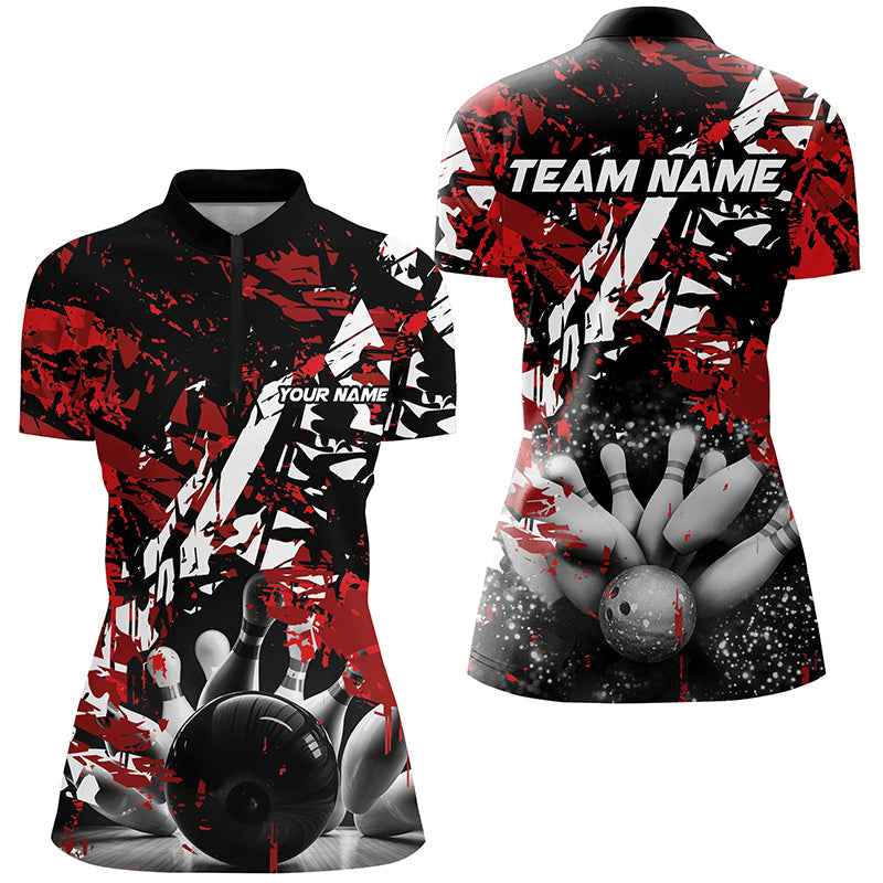 Black And Red Camo Bowling Ball And Pins Custom Women Bowling Quarter Zip Shirt, Team Bowling Jerseys, Custom Bowling Shirts