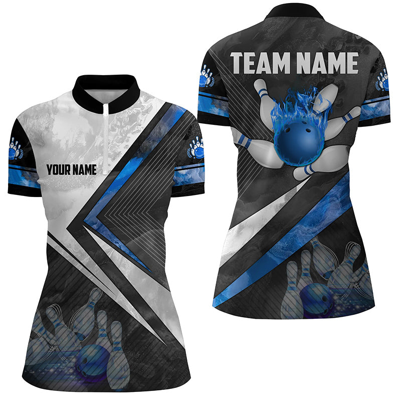 Black And White Bowling Quarter Zip Shirt For Women Custom Bowling Ball Pins Bowler Jerseys Blue, Custom Bowling Shirts, Bowling Gift Ideas