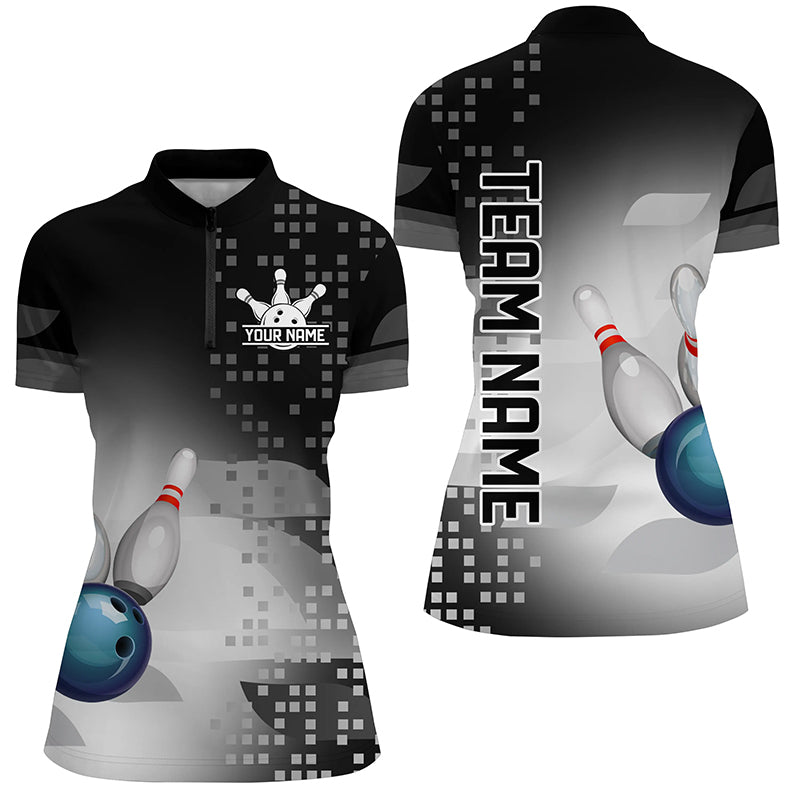 Black And White Bowling Quarter Zip Shirt For Women Custom Team Bowling Jersey, Gift For Bowlers, Custom Bowling Shirts, Bowling Gift Ideas