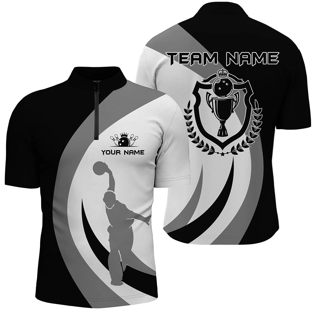 Black And White Retro Bowling Quarter Zip Shirt For Men Jersey Custom Bowling League Team Shirt, Custom Team Bowling Jerseys, Bowling Shirts