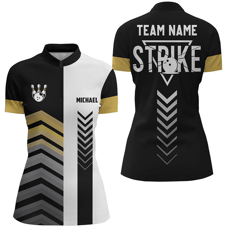 Black And White Womens Quarter Zip Shirt Custom Retro Bowling Ball Pins Team League Jerseys Yellow, Custom Bowling Shirts