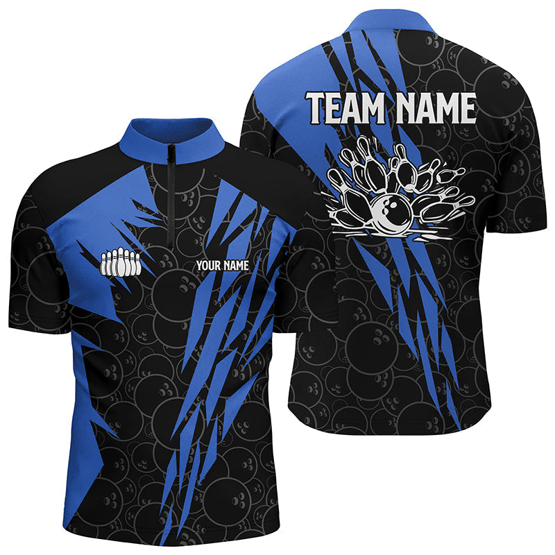 Black Bowling Camo Men'S Bowling Quarter Zip Shirts Custom Bowling Strike Team League Jerseys Blue, Custom Team Bowling Jerseys, Bowling Shirts