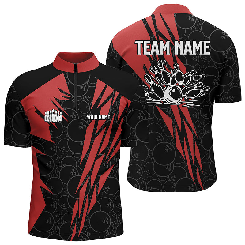 Black Bowling Camo Men'S Bowling Quarter Zip Shirts Custom Bowling Strike Team League Jerseys Red, Custom Team Bowling Jerseys, Bowling Shirts