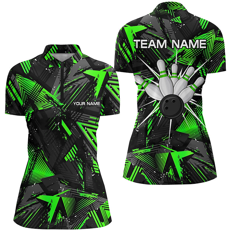 Black Green Camo Bowling Quarter-Zip Shirt For Women, Personalized Bowling Team Shirts Jerseys, Custom Bowling Shirts, Bowling Gift Ideas
