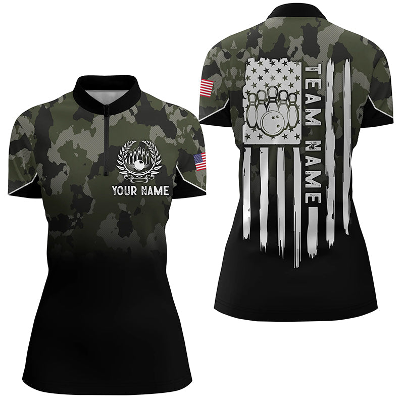 Black Green Camo Womens Bowling Quarter Zip Shirt Custom American Flag Patriotic Bowling Team Jerseys, Custom Bowling Shirts